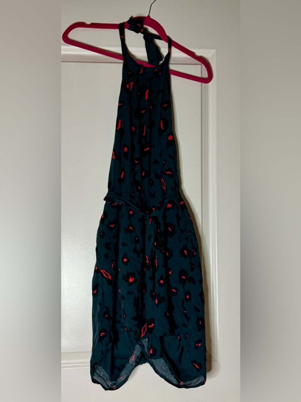Halter Jumpsuit in Dark Teal with Red Print